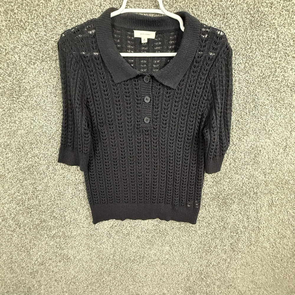 all:row Womens M Black Open Knit Polo Sweater Collared Short Sleeve Crochet Look